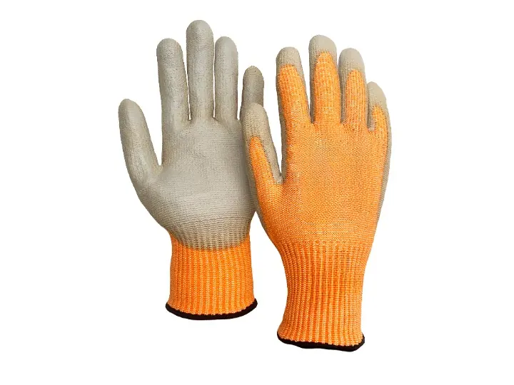 10G ANSI A8 cut resistant glove hi-vis orange PU palm heavy fabrication