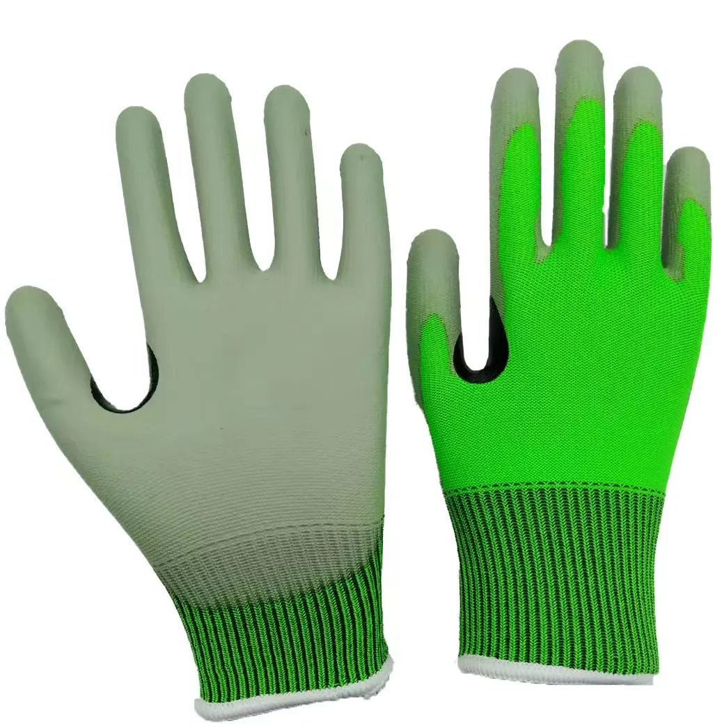 13G ANSI A2 cut resistant hi-vis green PU palm glove assembly automotive light fabrication