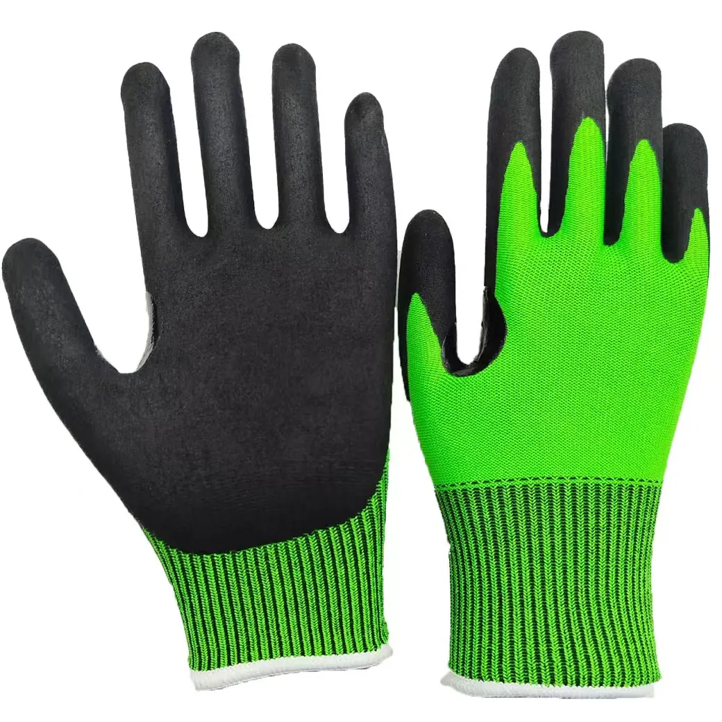13G ANSI A2 cut resistant hi-vis green microfoam nitrile glove automotive oily grip